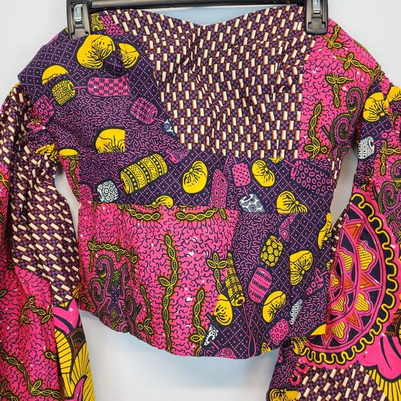 Womens African Ankara Top Size S Flare Sleeve Multicolor Handmade Psychedelic - Picture 7 of 13